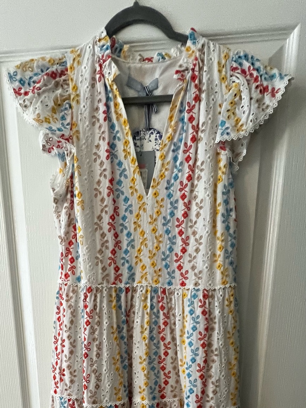 ANTONIO MELANI White Eyelet Maxi Dress with Red, Yellow & Blue Floral Embroidery